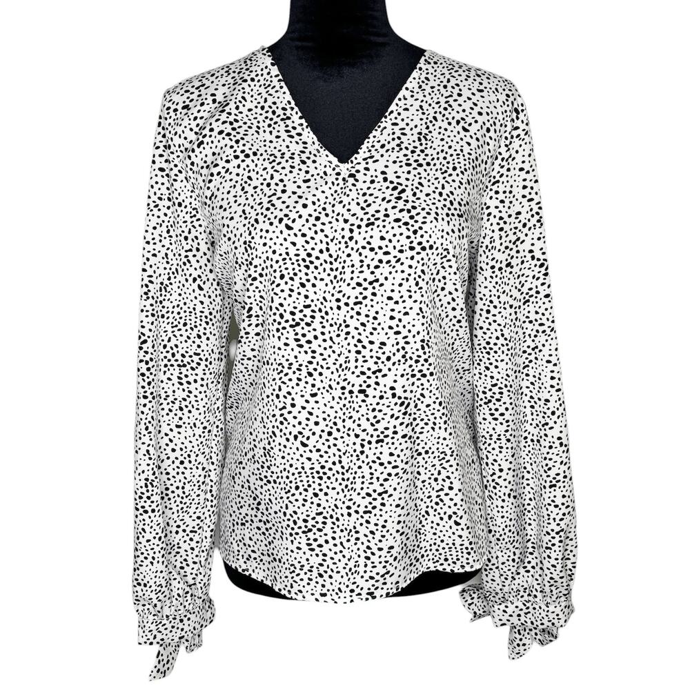 SHEIN White & Black Dalmatian Dot Long-Sleeve Top Spotted V-neck Blouse Medium